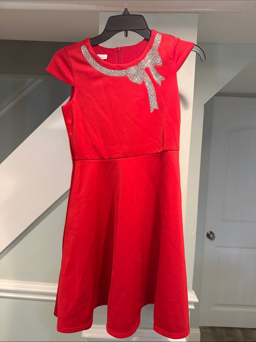 Bonnie Jean Red Dress with Silver Glitter Bow Accent